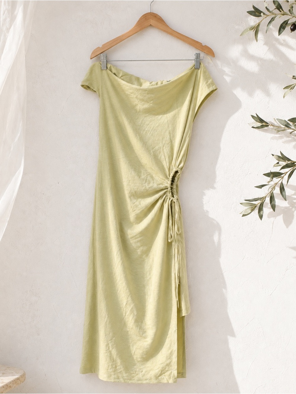Boohoo Sage Off Shoulder Ruched Side Slit Midi Dress US 6 Lined